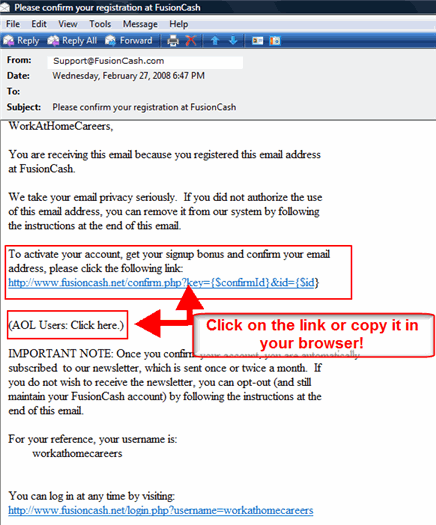 Click on FusionCash Confirmation Email Link!